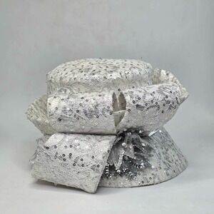 Ms Divine Hat Sun Women's Derby Church Brim Bow Rhinestone Sequin White Silver